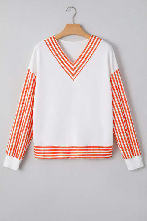 Chevron V Neck Drop Shoulder Striped Sleeve Colorblock Rib Hem Long Sleeve Top